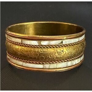Vintage Bangle Bracelet Brass Copper Repousse Inlay